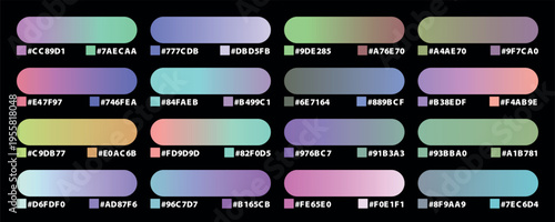 Set of  vector gradient color swatches with HEX codes for modern design projects