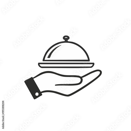 Hand holding food serving cloche icon symbol for catering and restaurant service
