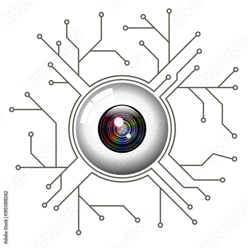 Raster illustration of a stylized human eye integrated into a circular digital interface