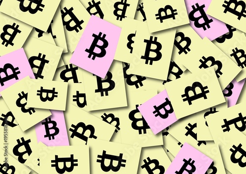 Raster illustration featuring a scattered pattern of sticky notes with Bitcoin