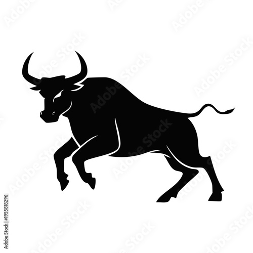 Powerful black silhouette of a charging bull with curved horns and a dynamic pose