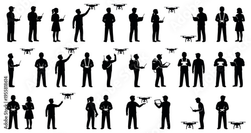 Drone Operators Silhouettes Set Pack. Editable Vector Stroke Illustration. featuring drone, operator, control, remote, pilot, aerial, flying, uav, quadcopter, technology, aviation, exploration more