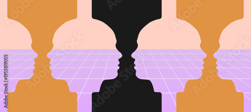 Vector illustration depicting an optical illusion of mirrored human profiles forming vase-like shapes through negative space.