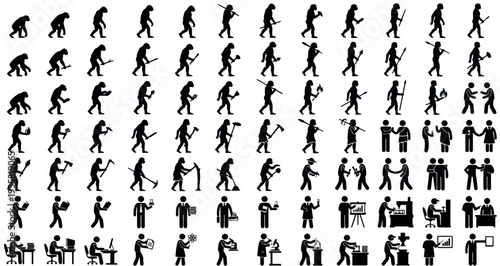 Human Evolution Silhouettes Set Pack. Editable Vector Stroke Illustration. featuring evolution, human, development, progress, graphic, illustration, vector, ancestral, ape, primate, upright more
