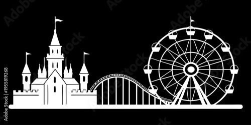 Amusement Park Silhouette Art Print – Minimal Black & White Castle, Roller Coaster & Ferris Wheel Illustration | Fun Theme Park Wall Art for Home Decor & Family Spaces