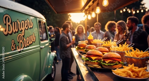 festival de comida callejera puesto de comida rápida hamburguesas pollo shawarma papel cajas para llevar moderno camión gente efecto bokeh foto hiperrealista iluminación cinematográfica fotografía cal
