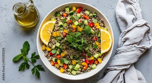Ensalada tradicional peruana de quinua en cuenco de arcilla, fondo gris pizarra