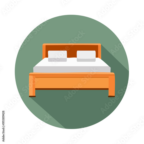Modern Wooden Bed with White Pillows and Mattress Icon for Bedroom Design