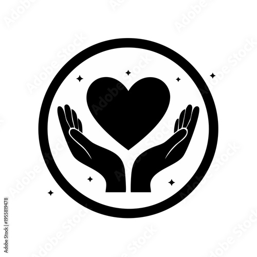 Symbol of two cupped hands gently holding a black heart inside a circular frame with sparkle details