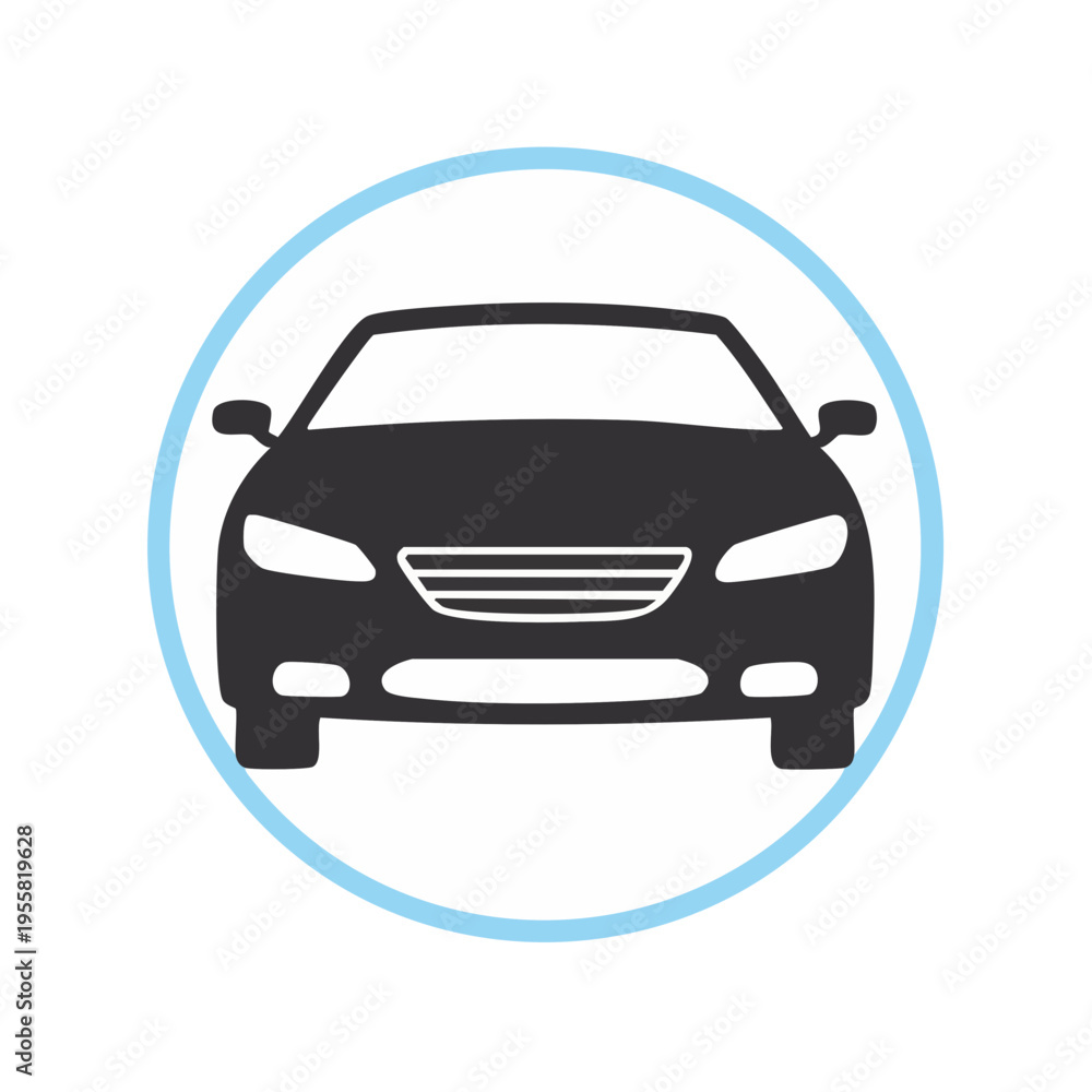 Fototapeta premium Front view of a dark car icon inside a blue circle