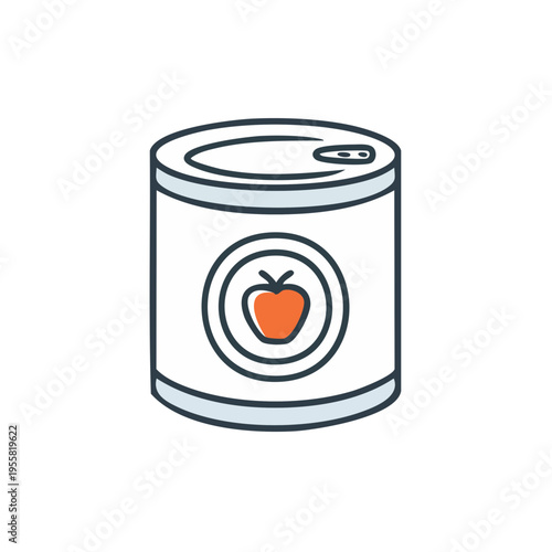 Simple illustration of a white tin can with a red apple symbol on its label