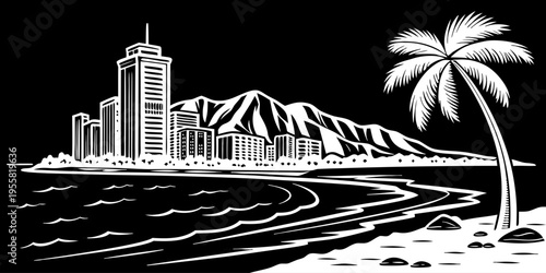 USA, US, U.S, United States - Coastal City Skyline Art Print – Minimal Black & White Beach Illustration with Palm Tree & Mountains | Modern Urban Wall Art for Home Decor & Travel Lovers
