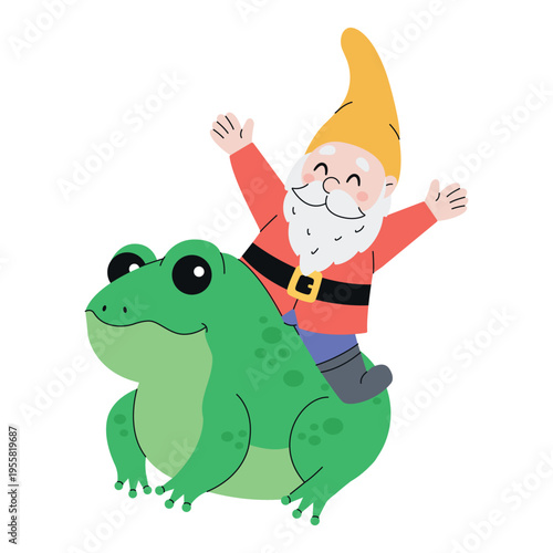 Cute cartoon garden gnome riding a frog. Hand-drawn. Vector illustration, isolated on a white background. 