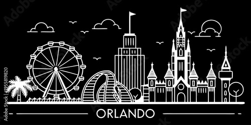 USA, US, U.S, United States - Orlando Florida Skyline Art Print – Modern Minimal Theme Park Illustration Poster | Iconic Cityscape Wall Art for Home Decor & Travel Lovers
