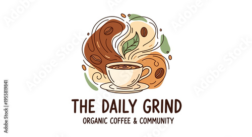 Artisanal hand-drawn logo illustration of a steaming coffee cup surrounded by organic beans and natural elements, symbolizing a fresh, daily grind for coffee lovers and community
