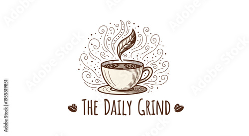 Charming hand-drawn illustration of a steaming coffee cup, adorned with intricate swirls and a delicate leaf, evoking the cozy comfort and refreshing start of a daily ritual