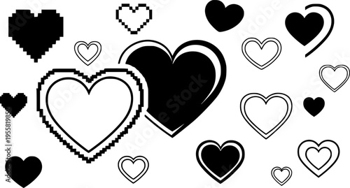Assortment of Pixelated and Smooth Heart Shapes in Black and White love pixel heart