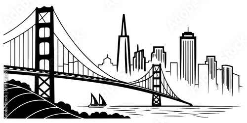 USA, US, U.S, United States - San Francisco Golden Gate Bridge Line Art Poster – Minimalist Black and White Skyline Silhouette, Modern Monochrome Cityscape Wall Art, California Architecture Illustrat

