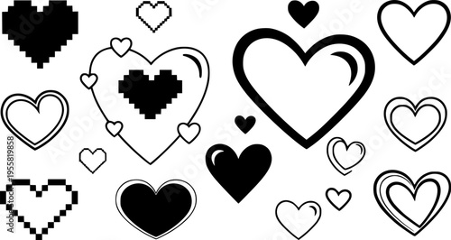 Assortment of Pixelated and Smooth Heart Shapes in Black and White love pixel heart