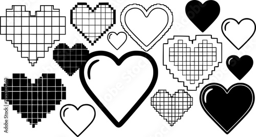Assortment of Pixelated and Smooth Heart Shapes in Black and White love pixel heart