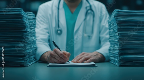 A doctor in scrubs with a stethoscope writes notes amid towering stacks of patient files or medical documents.