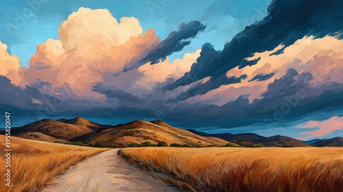 A vibrant, painted landscape showing a winding dirt path through golden fields with rolling hills beneath dramatic, colorful clouds at sunset.