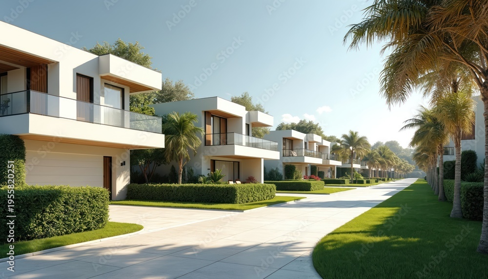 Obraz premium Line of modern white houses with balconies on a sunny suburban street. Manicured lawns and palm trees line the paved driveway leading to contemporary homes.