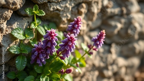 hyssop. Purple hyssop flowers growing from limestone cracks with morning dew. gardening catalogs, home-decor guides, designed for gardening and botanical catalogs.