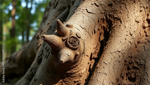 lignin. Close-up of a tree root with knotted protrusions and rough texture in a woodland. ESG reports, sustainability campaigns, designed for sustainability communications and ESG reporting.