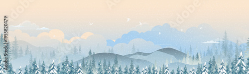 Seamless winter landscape background with snowy pine forest, layered mountains, soft pastel sky, and falling snow. Scenic panoramic nature illustration ideal for wallpaper, banner, and seasonal design