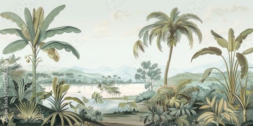 Wallpaper serene tropical landscape painting in pastel tones	