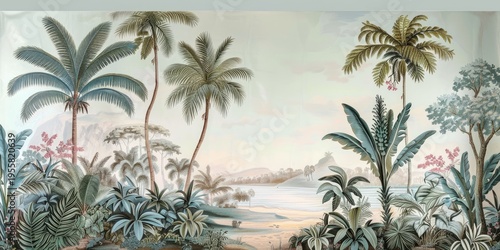 Wallpaper serene tropical landscape painting in pastel tones	