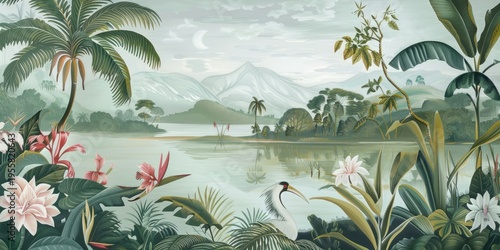 Wallpaper serene tropical landscape painting in pastel tones	