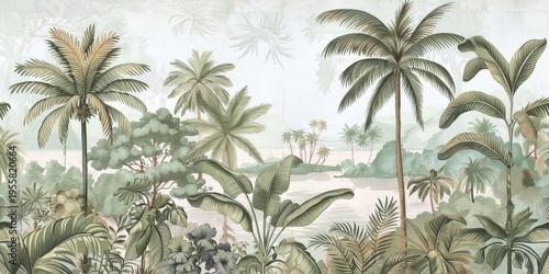 Wallpaper serene tropical landscape painting in pastel tones	