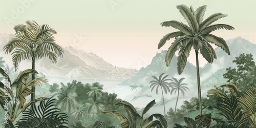 Wallpaper serene tropical landscape painting in pastel tones	