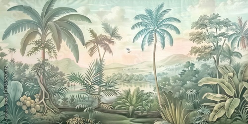 Wallpaper serene tropical landscape painting in pastel tones	