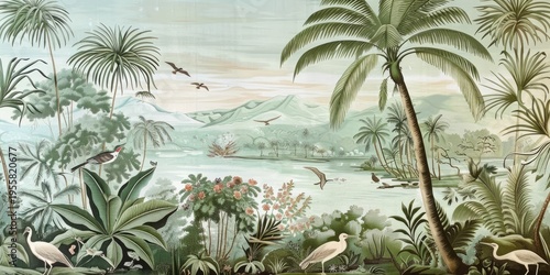 Wallpaper serene tropical landscape painting in pastel tones	