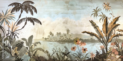 Wallpaper serene tropical landscape painting in pastel tones	
