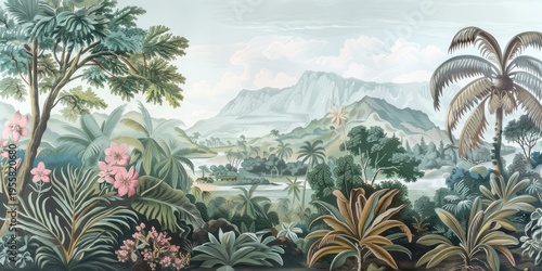 Wallpaper serene tropical landscape painting in pastel tones	