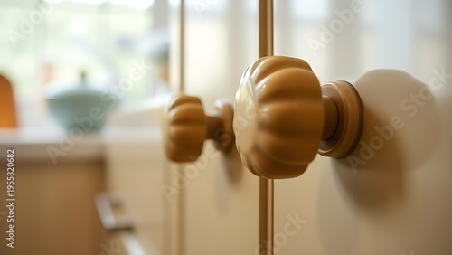 bakelite. Close-up of Art Deco style bakelite knobs on kitchen cabinet, vintage aesthetic. product launch decks, UI/UX mockups, designed for product launches and innovation pitches, clarifies data.