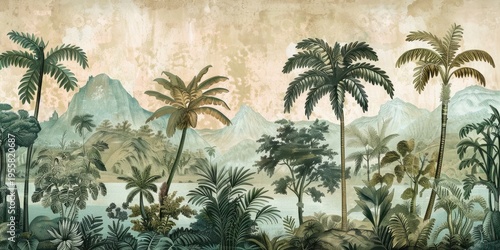 Wallpaper serene tropical landscape painting in pastel tones	