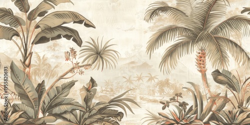 Wallpaper serene tropical landscape painting in pastel tones	