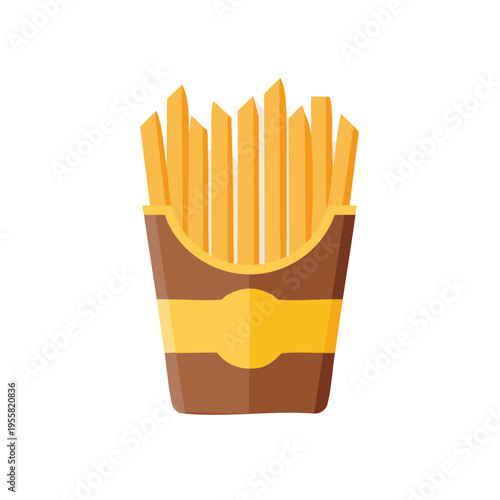 Iconic french fries in a paper container with a long shadow flat design