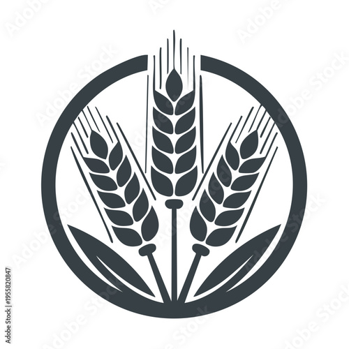 Three stylized wheat stalks with leaves inside a circle emblem