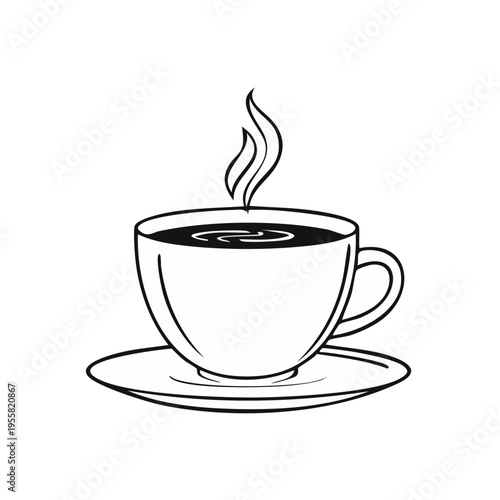 Black and white illustration of a steaming cup of coffee on a saucer