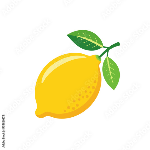 Bright yellow lemon with green leaves and stem against a clean white background, simple illustration