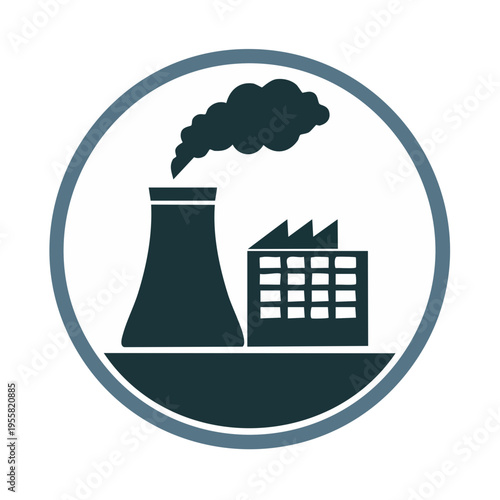 Industrial building with cooling tower emitting smoke inside a circular frame