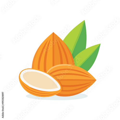 Illustration of whole and halved almonds with green leaves for food and health concepts