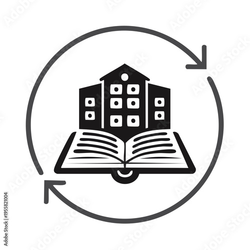 Building icon over open book symbolizing educational institution and knowledge cycle