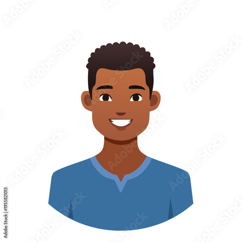 Happy young man with dark curly hair and blue shirt